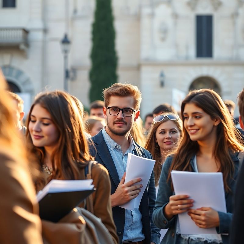 Mladi profesionalci na sajmu zapošljavanja u hrvatskom obalnom gradu u zlatnom svjetlu