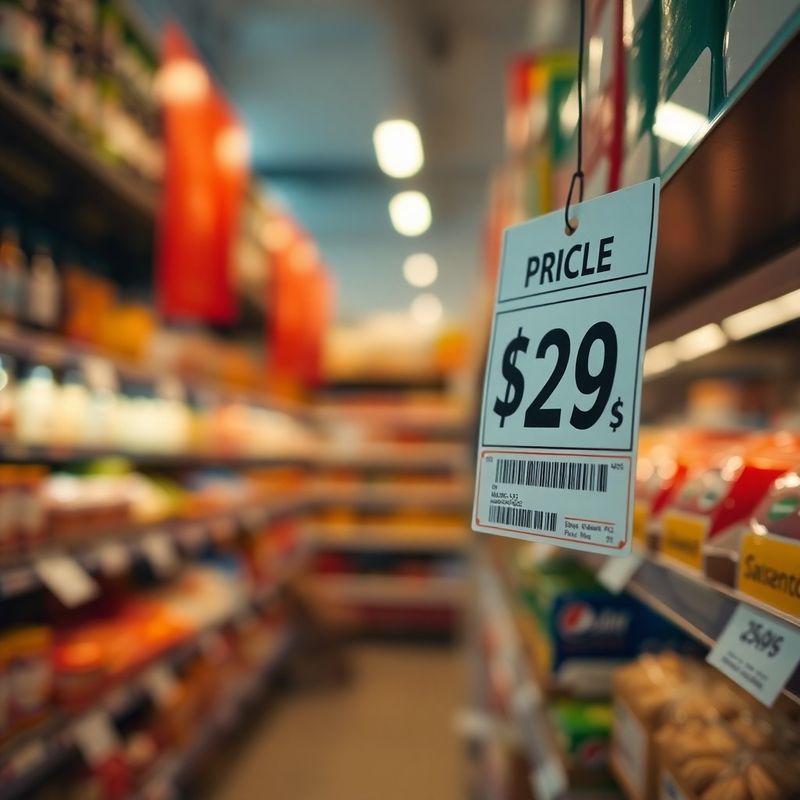 Cjenik na polici u hrvatskom supermarketu u toplom zlatnom svjetlu